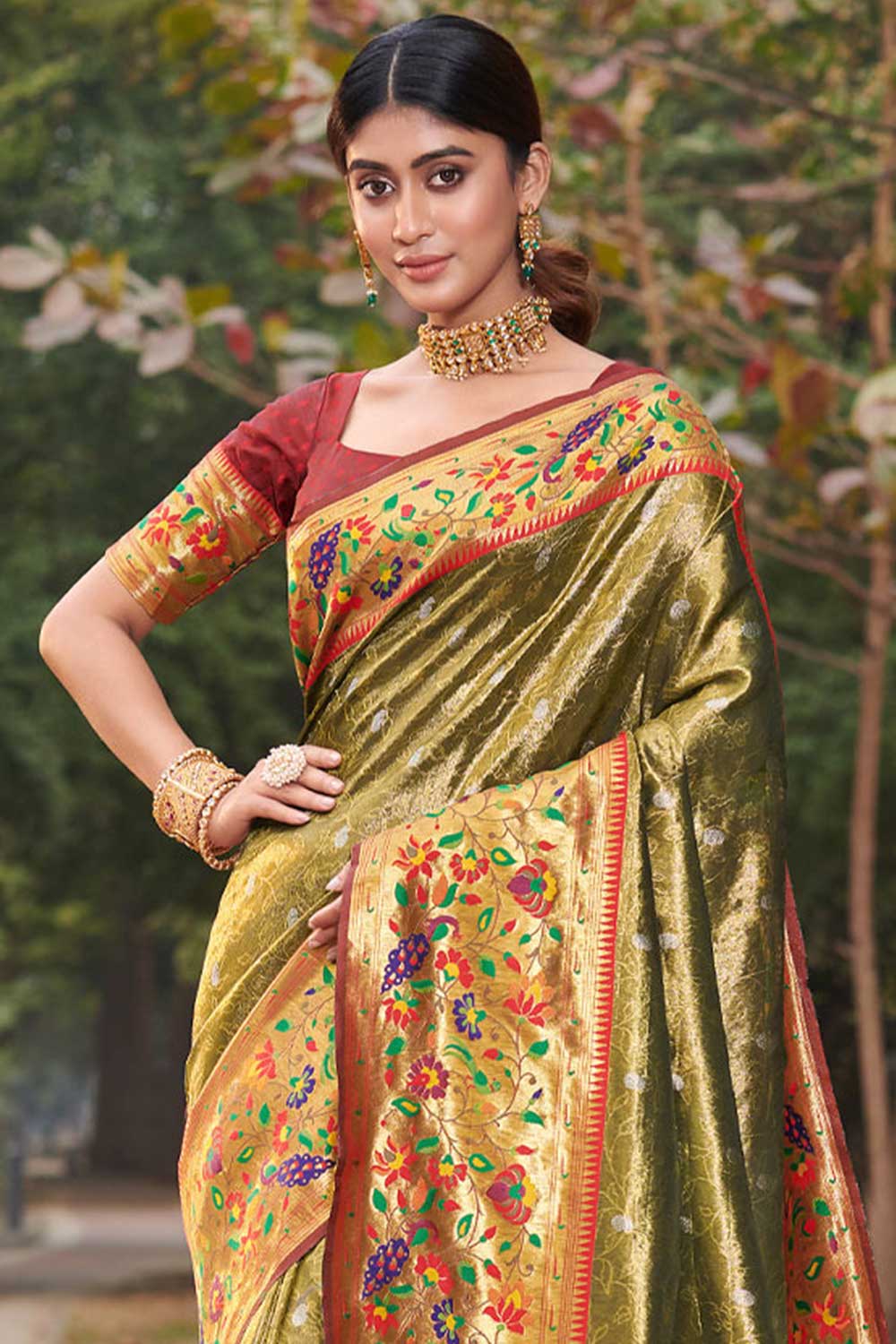 Shop Anya Green Paithani Art Silk One Minute Saree at best offer at our  Store - One Minute Saree