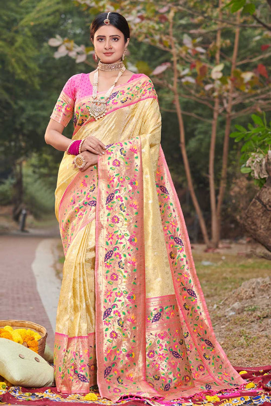 Buy Inaya Beige Paithani Art Silk One Minute Saree Online - One Minute Saree