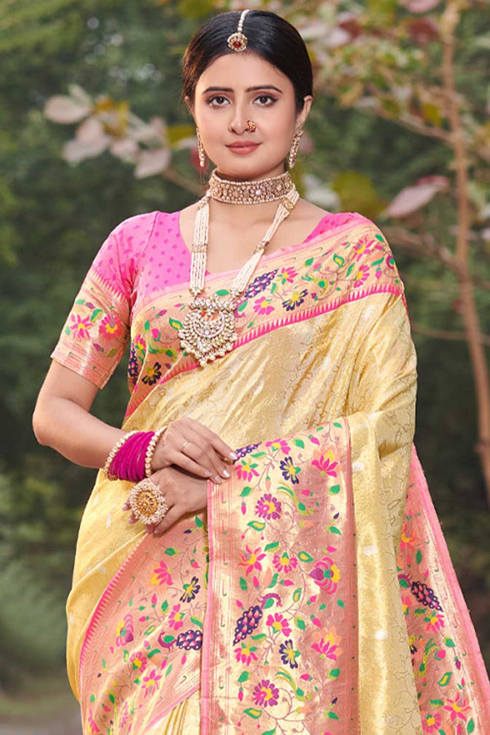 Shop Inaya Beige Paithani Art Silk One Minute Saree at best offer at our  Store - One Minute Saree