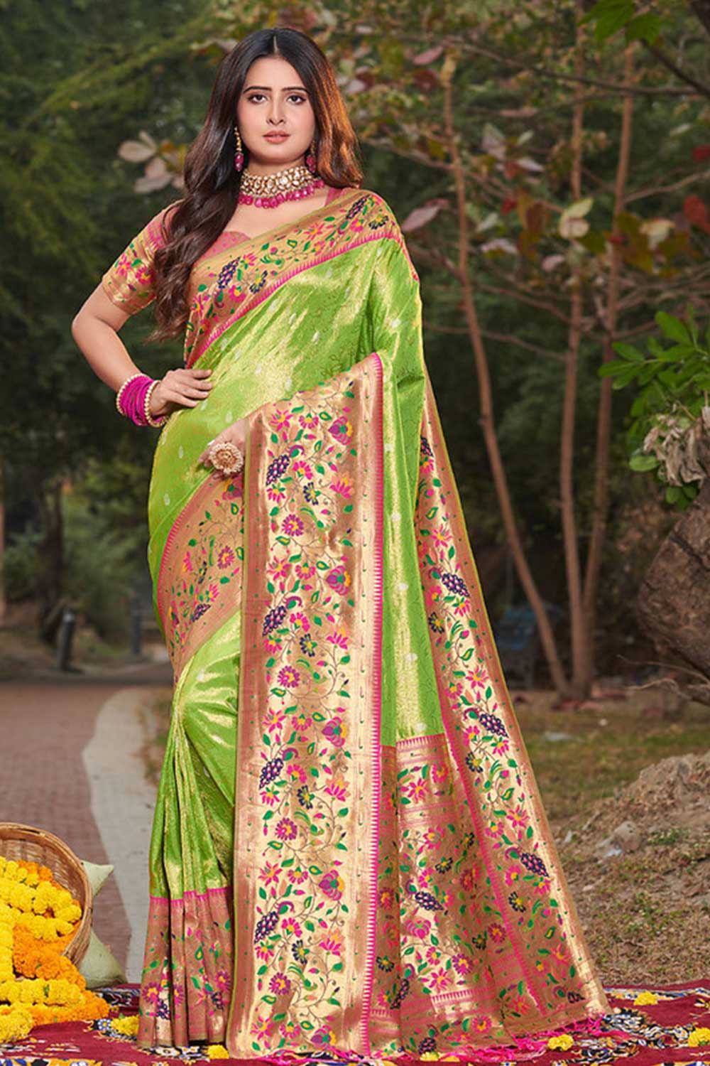Buy Cora Green Paithani Art Silk One Minute Saree Online - One Minute Saree