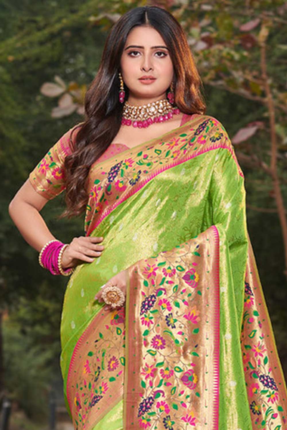 Shop Cora Green Paithani Art Silk One Minute Saree at best offer at our  Store - One Minute Saree