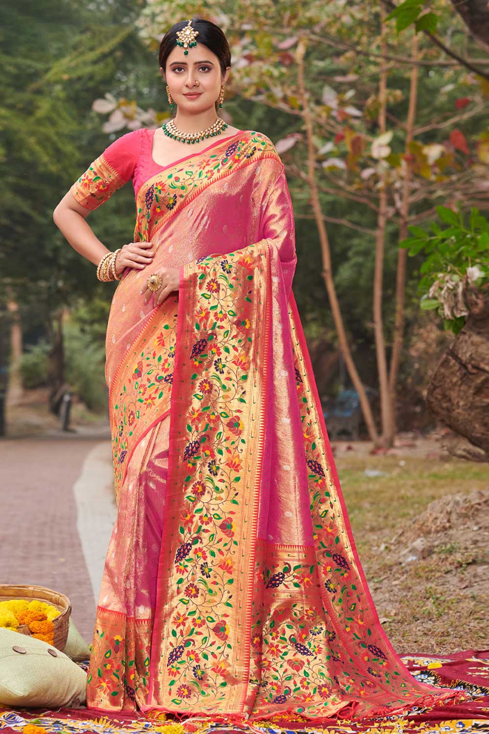 Buy Manasi Pink Paithani Art Silk One Minute Saree Online - One Minute Saree