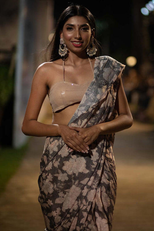 Buy Chloe Beige Georgette Floral Sequins One Minute Saree Online - Zoom Out