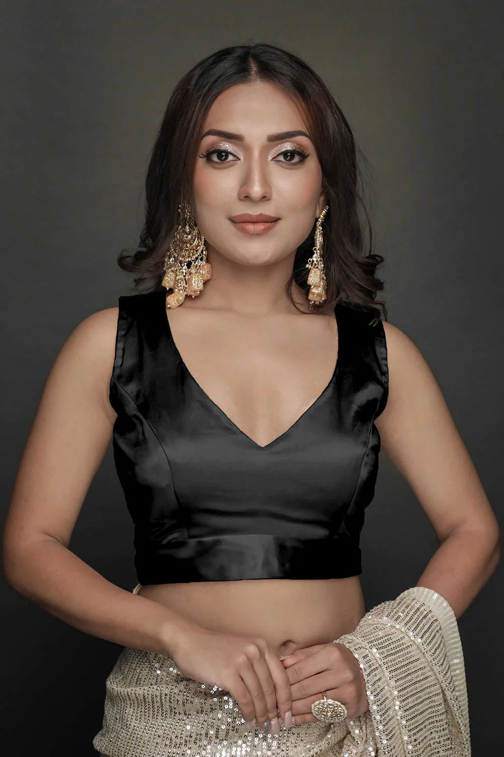 Buy Serena Comfort Stretch Black Satin Custom Design Blouse Online - One Minute Saree