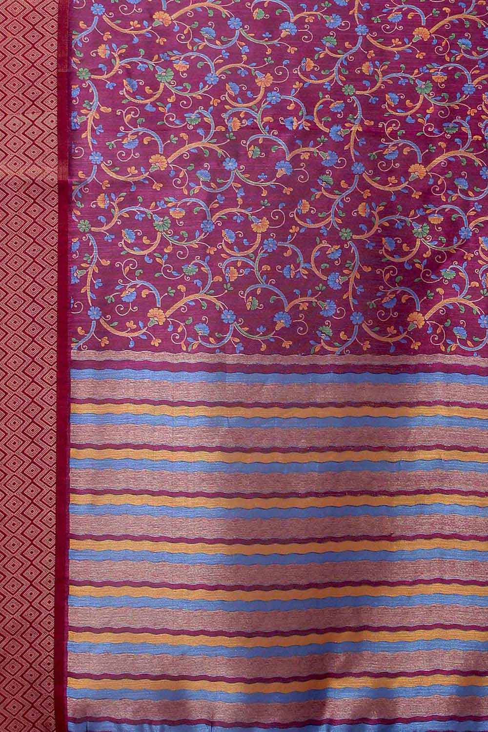 Delphine Magenta Linen Blend Botanical Printed Banarasi One Minute Saree