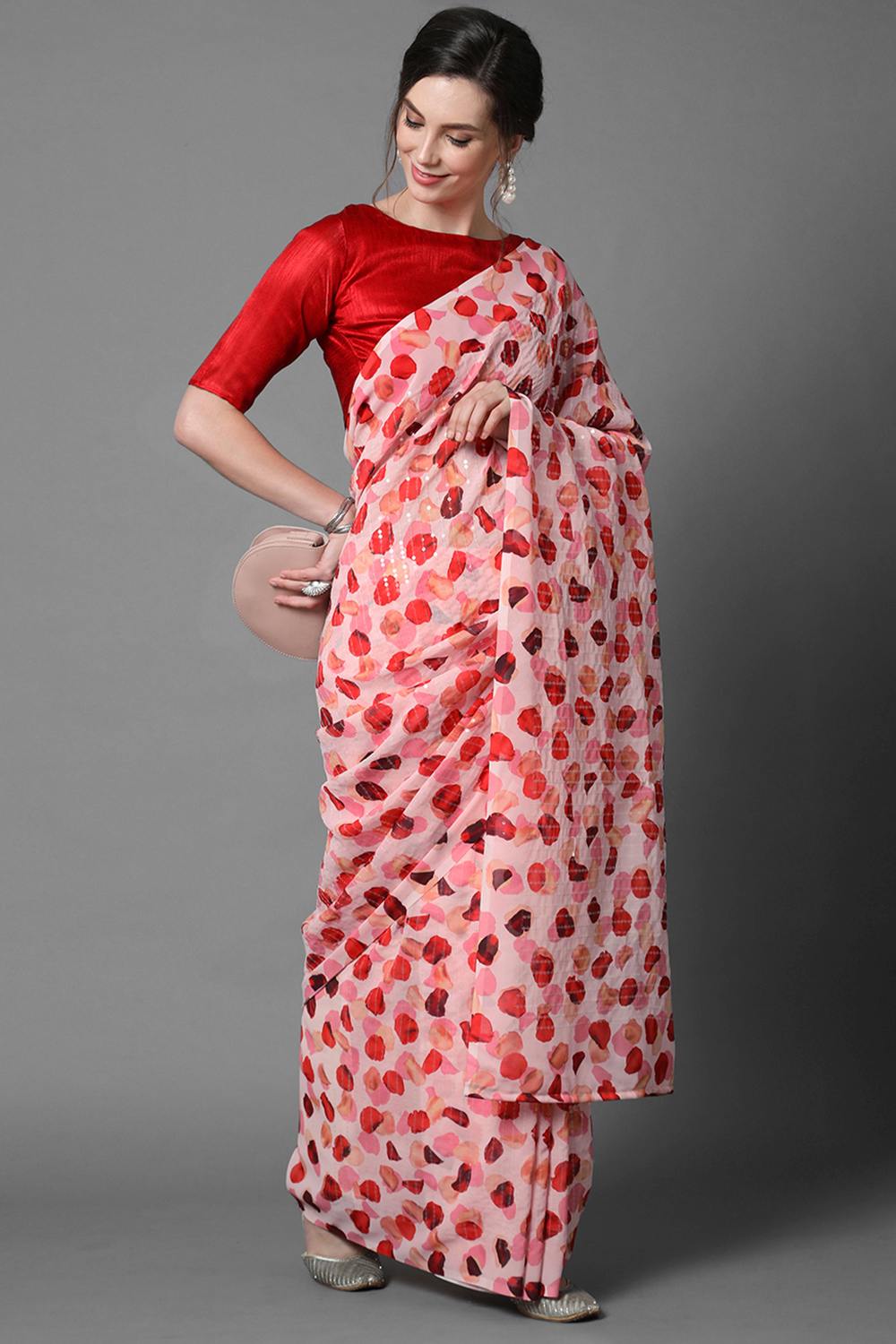 Buy Sonia Pink Floral Print and Sequins Georgette One Minute Saree Online