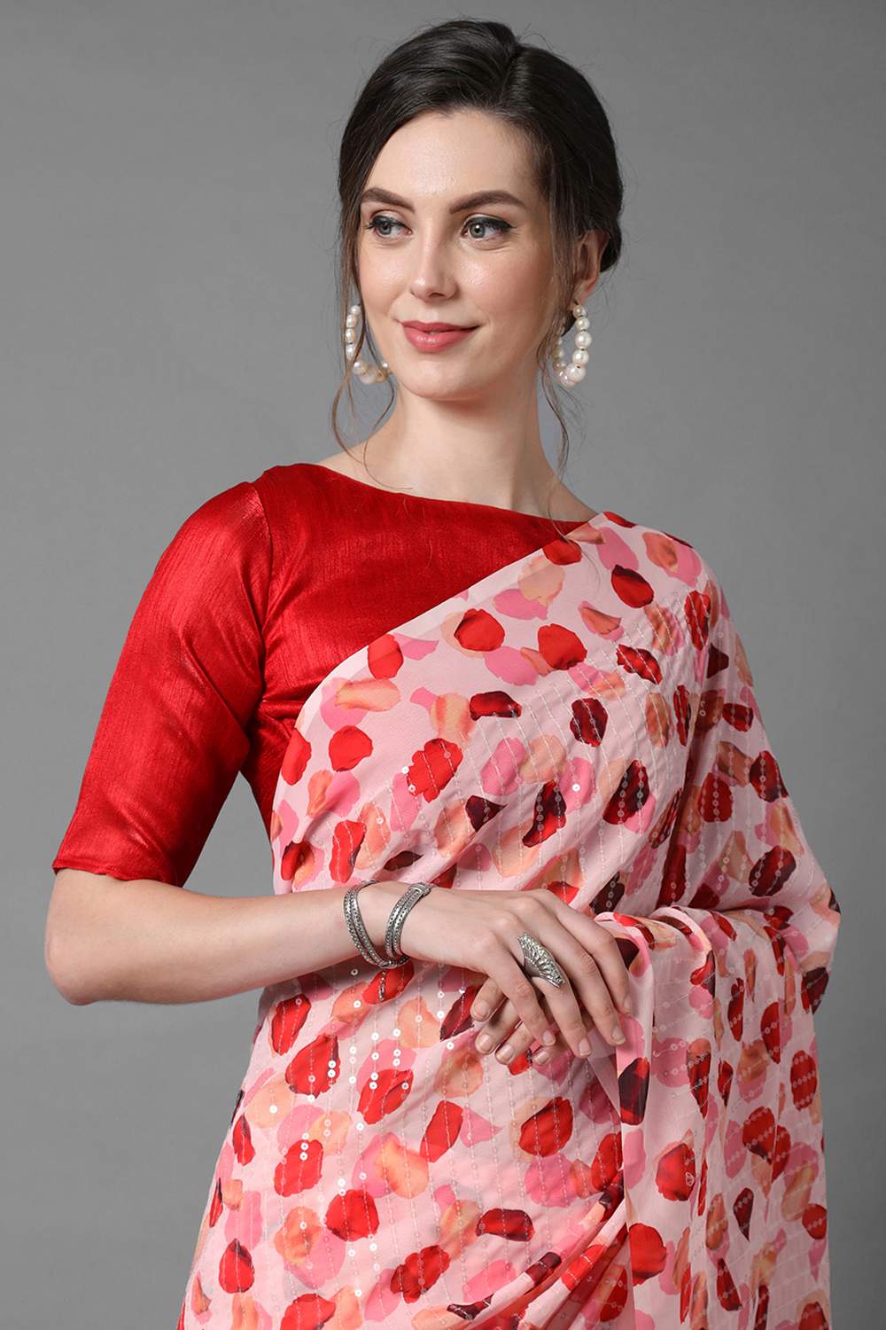 Buy Sonia Pink Floral Print and Sequins Georgette One Minute Saree Online - Side