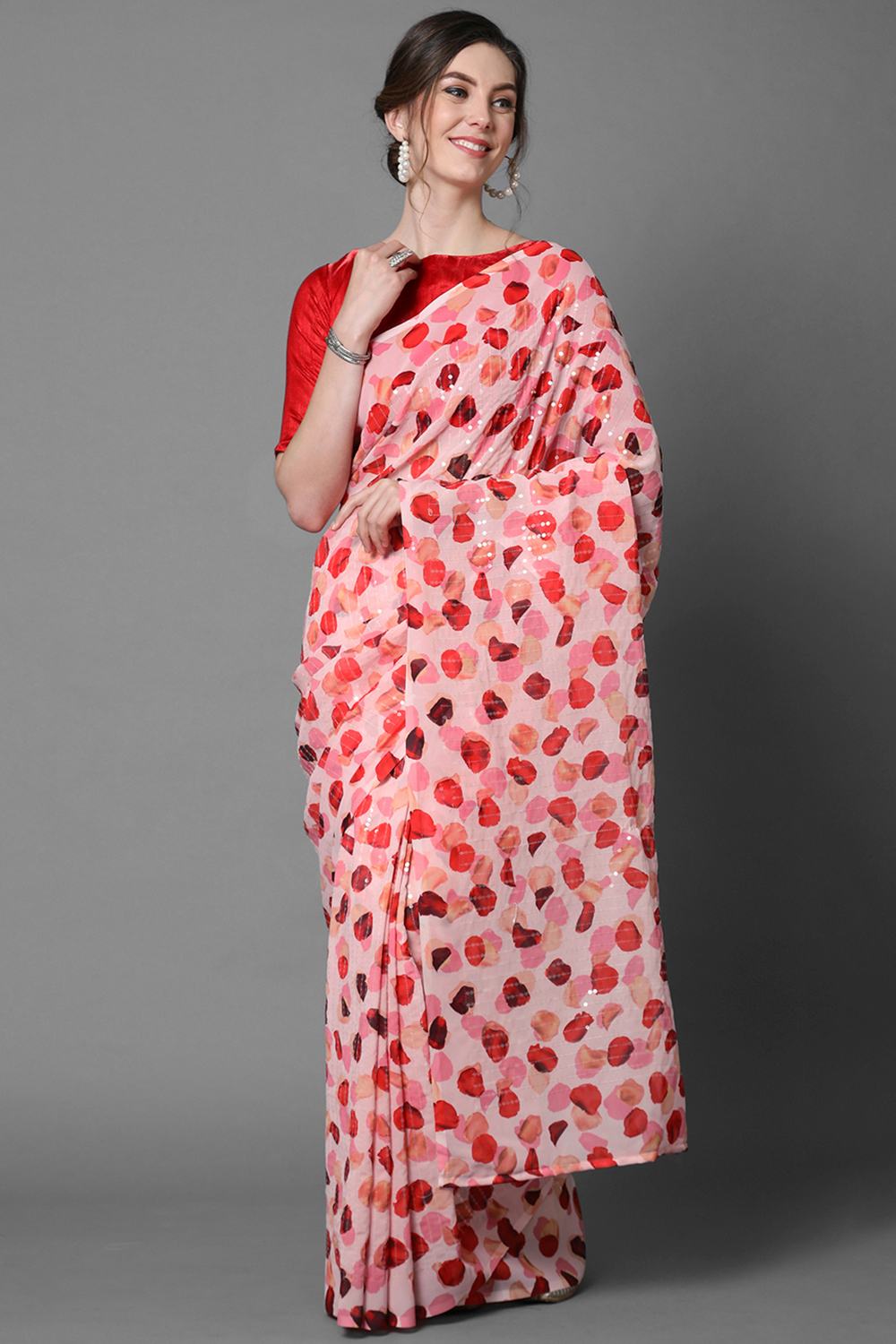 Buy Sonia Pink Floral Print and Sequins Georgette One Minute Saree Online - One Minute Saree