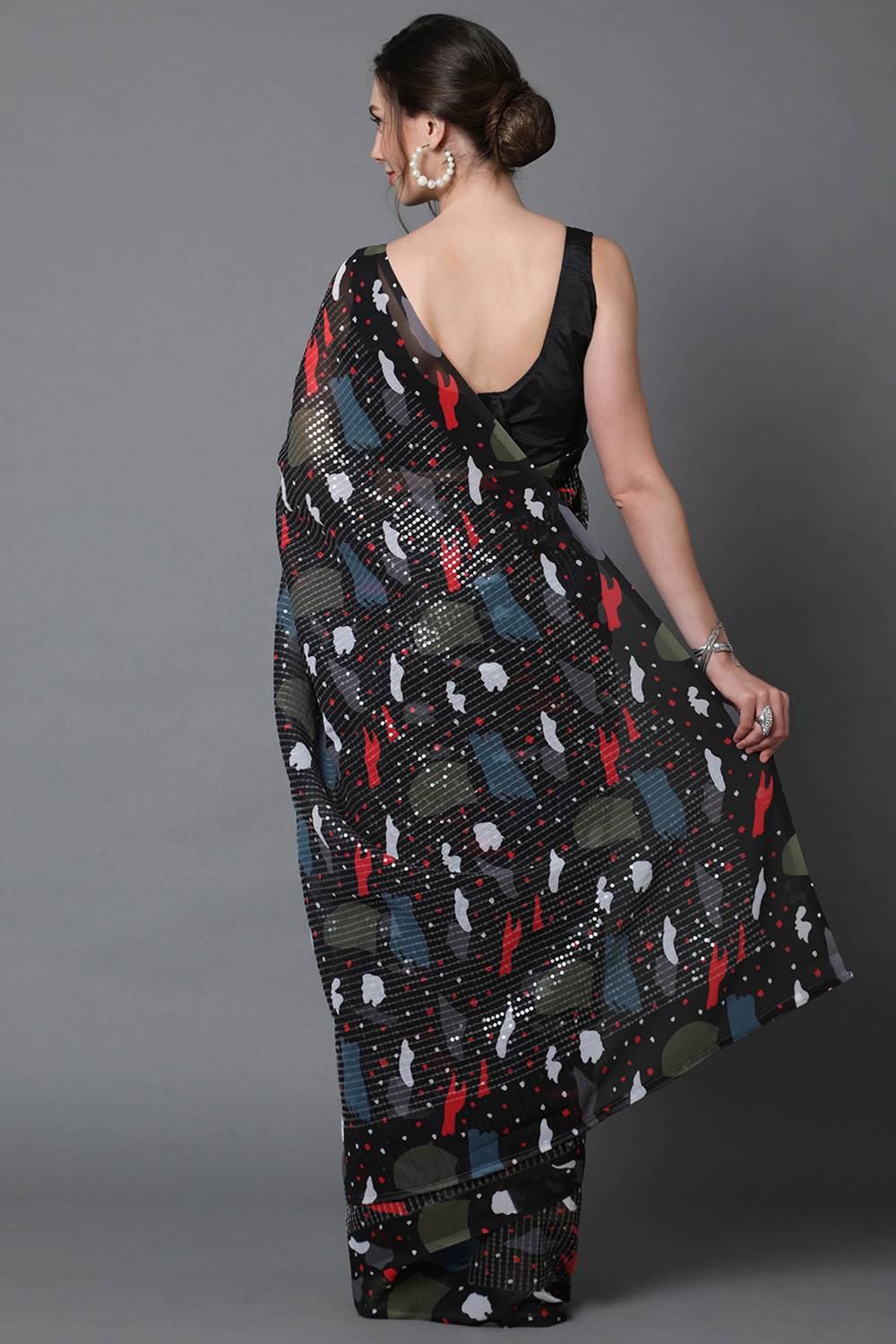 Shop Bina Black Abstract Print and Sequins Georgette One Minute Saree at best offer at our  Store - One Minute Saree