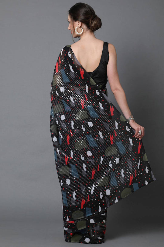 Shop Bina Black Abstract Print and Sequins Georgette One Minute Saree at best offer at our  Store - One Minute Saree