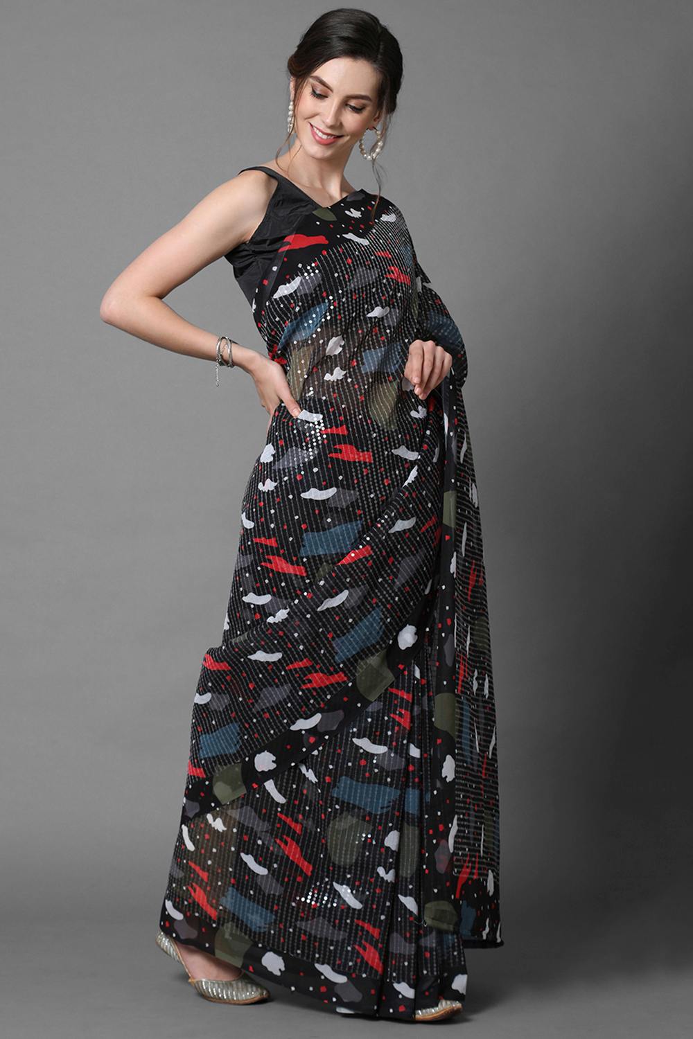 Buy Bina Black Abstract Print and Sequins Georgette One Minute Saree Online
