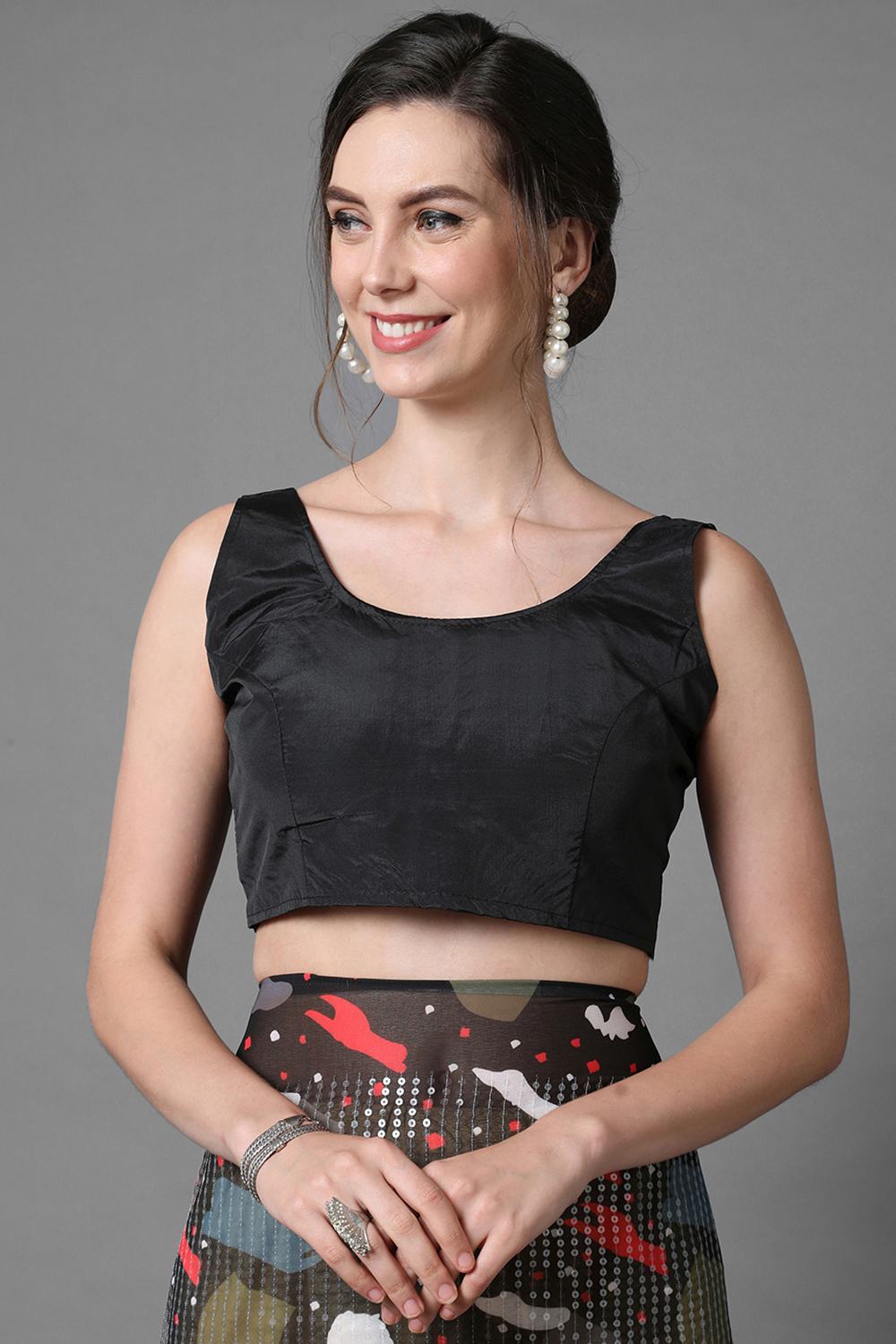 Buy Bina Black Abstract Print and Sequins Georgette One Minute Saree Online - Back