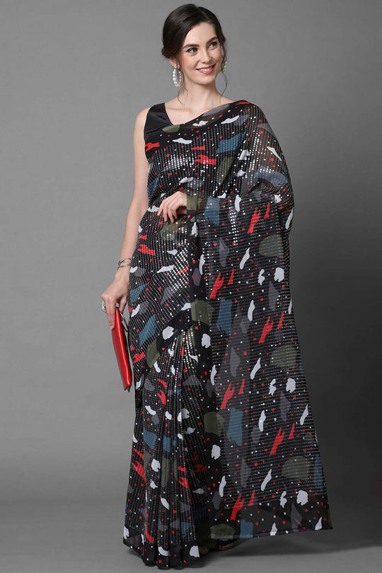 Buy Bina Black Abstract Print and Sequins Georgette One Minute Saree Online - One Minute Saree