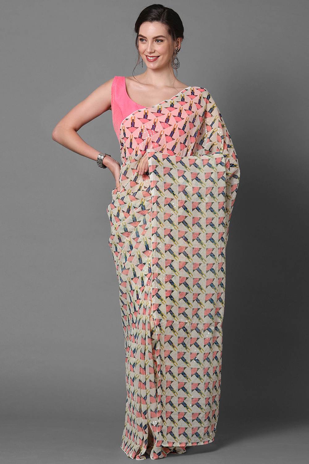 Buy Cassidy Cream Abstract Print and Sequins Georgette One Minute Saree Online - One Minute Saree