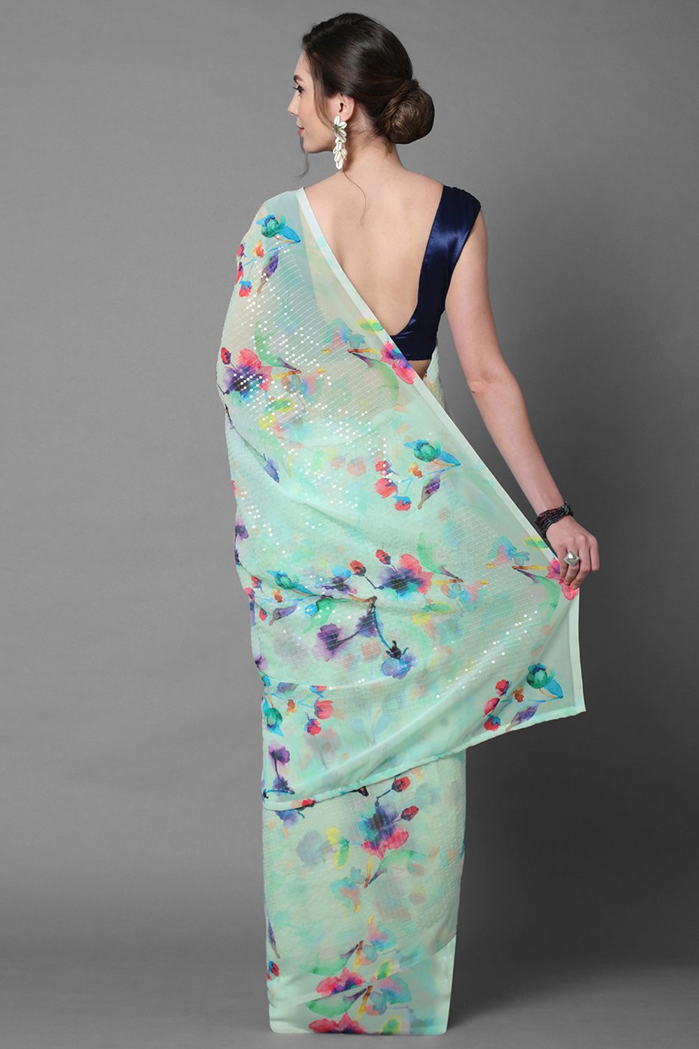 Shop Ariel Sea Green Floral Print and Sequins Georgette One Minute Saree at best offer at our  Store - One Minute Saree