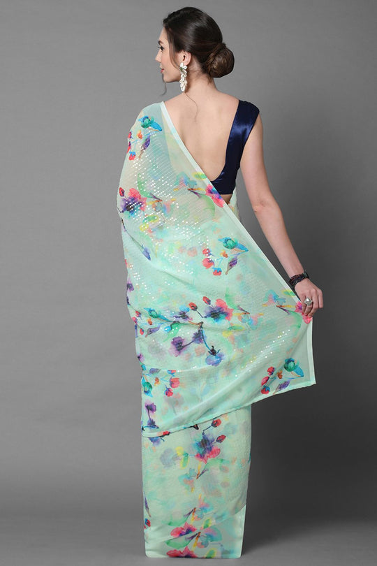 Shop Ariel Sea Green Floral Print and Sequins Georgette One Minute Saree at best offer at our  Store - One Minute Saree