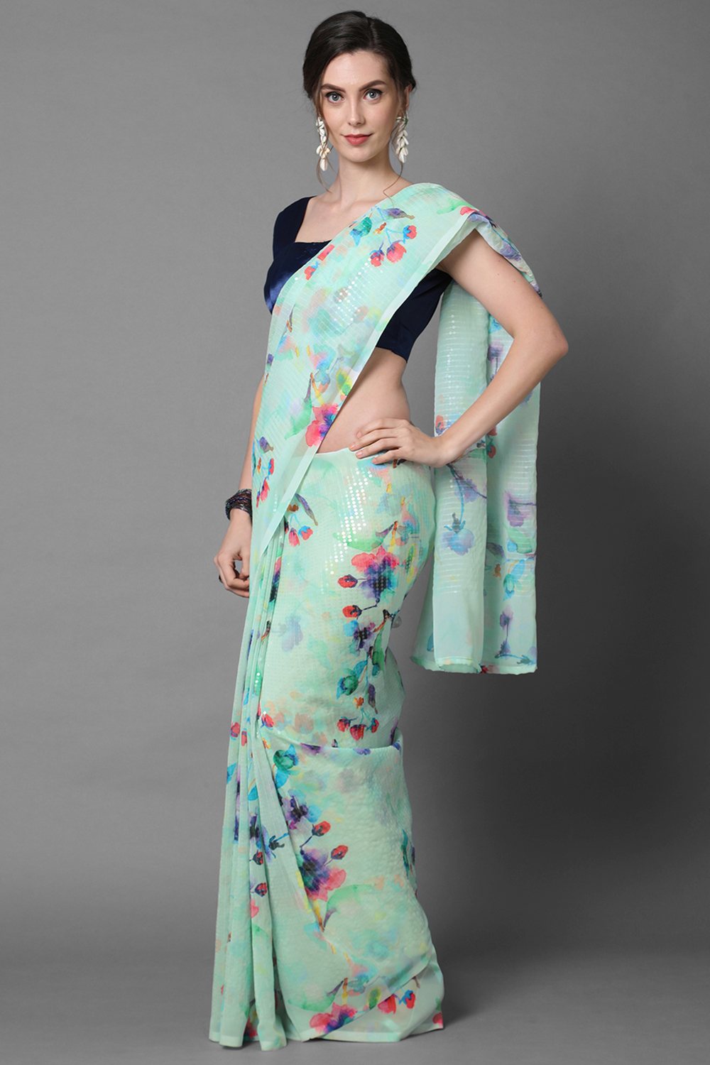 Buy Ariel Sea Green Floral Print and Sequins Georgette One Minute Saree Online