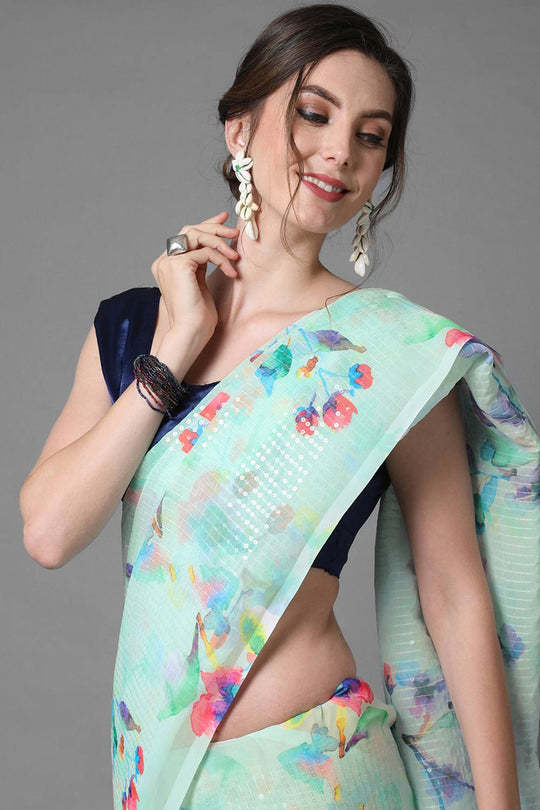 Buy Ariel Sea Green Floral Print and Sequins Georgette One Minute Saree Online - Side