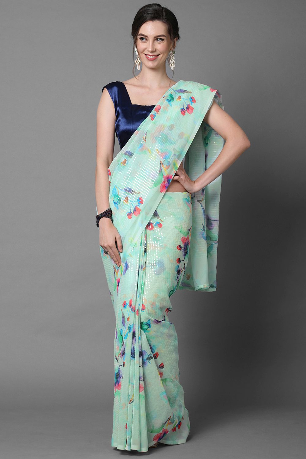 Buy Ariel Sea Green Floral Print and Sequins Georgette One Minute Saree Online - One Minute Saree