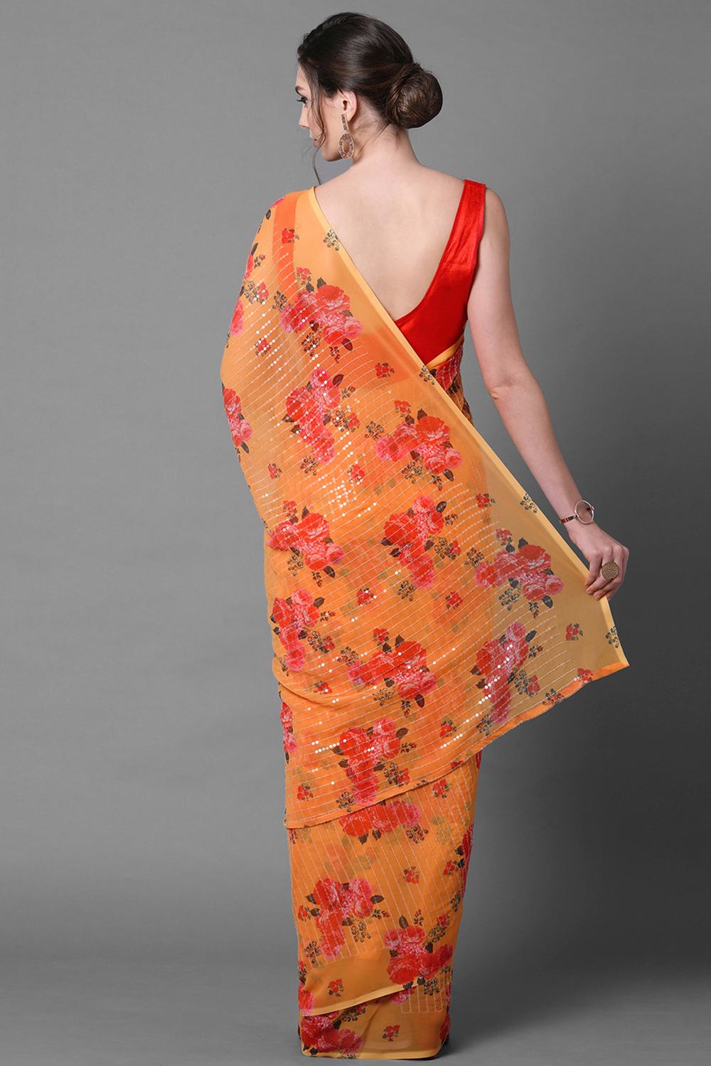Shop Sia Mustard Floral Print and Sequins Georgette One Minute Saree at best offer at our  Store - One Minute Saree