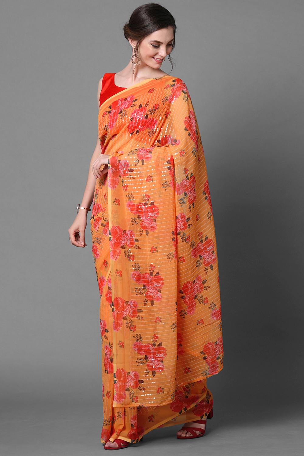 Buy Sia Mustard Floral Print and Sequins Georgette One Minute Saree Online