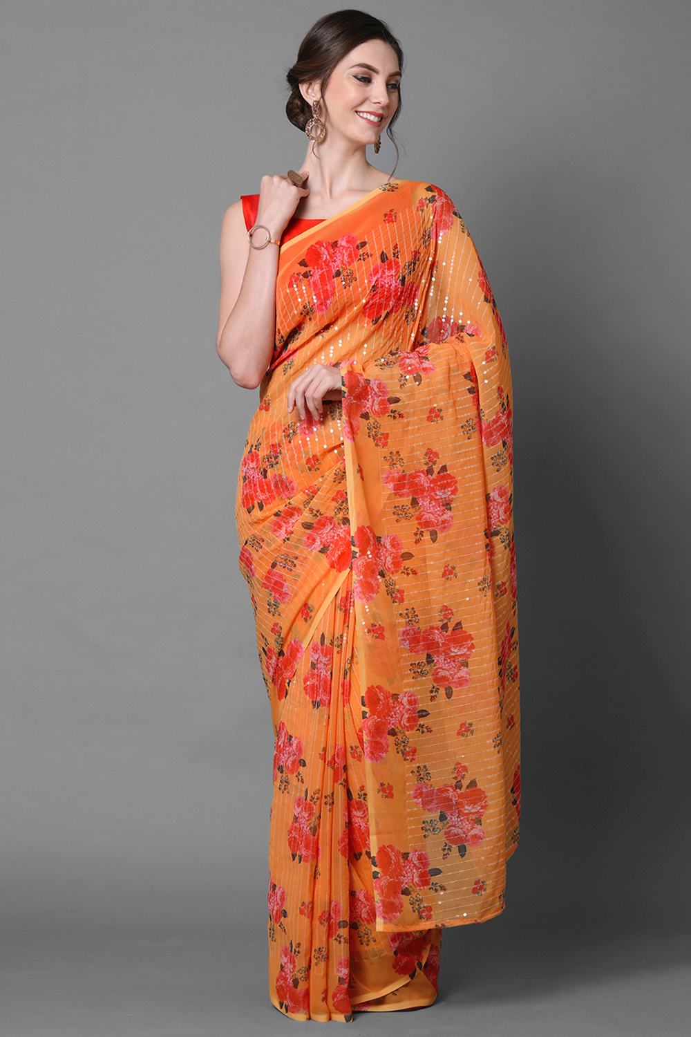 Buy Sia Mustard Floral Print and Sequins Georgette One Minute Saree Online - One Minute Saree