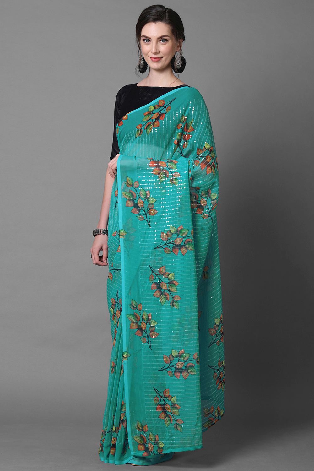 Shop Kendall Teal Green Floral Print and Sequins Georgette One Minute Saree at best offer at our  Store - One Minute Saree