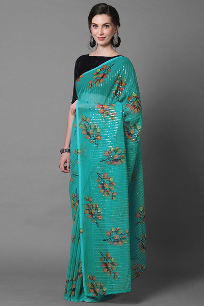 Shop Kendall Teal Green Floral Print and Sequins Georgette One Minute Saree at best offer at our  Store - One Minute Saree