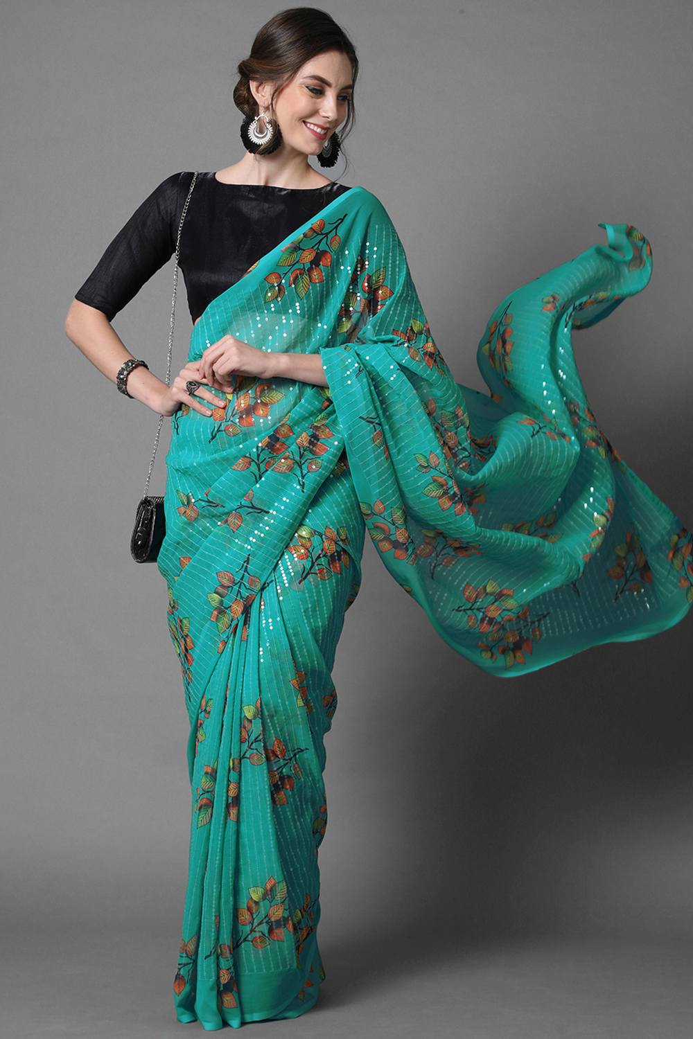 Buy Teal Green Floral Print and Sequins Georgette One Minute Saree