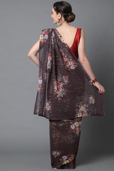Shop Dana Brown Floral Print and Sequins Georgette One Minute Saree at best offer at our  Store - One Minute Saree