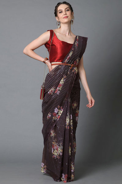Buy Dana Brown Floral Print and Sequins Georgette One Minute Saree Online