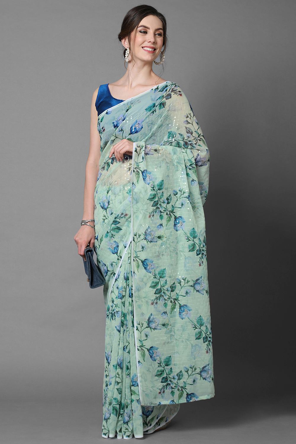 Buy Anjuli Sea Green Floral Print and Sequins Georgette One Minute Saree Online - One Minute Saree