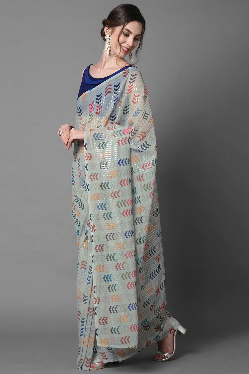 Buy Radha Sea Green Abstract Print and Sequins Georgette One Minute Saree Online