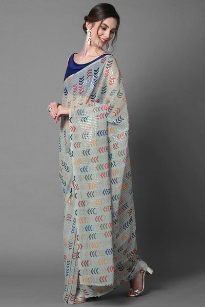 Buy Radha Sea Green Abstract Print and Sequins Georgette One Minute Saree Online