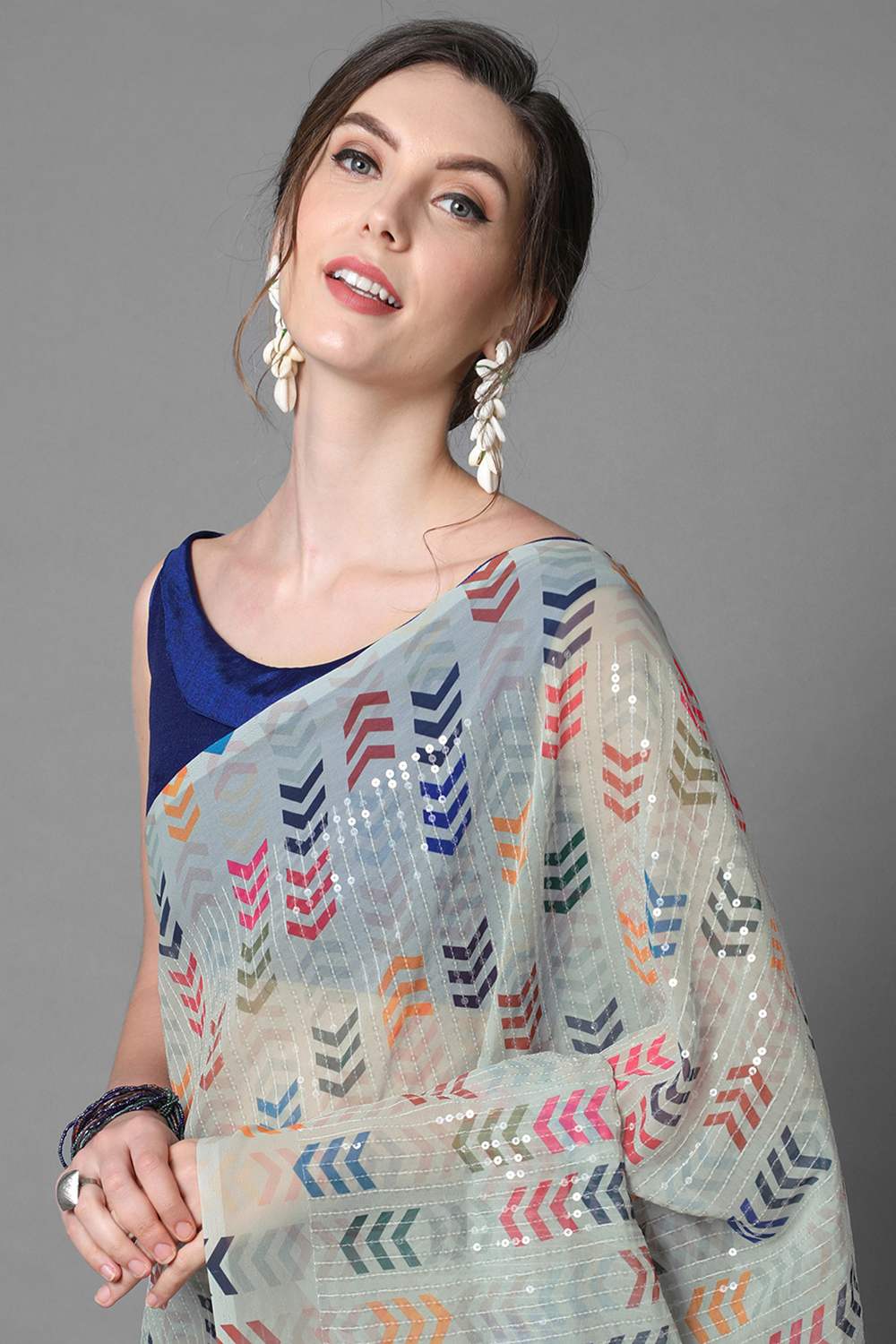 Buy Radha Sea Green Abstract Print and Sequins Georgette One Minute Saree Online - Side