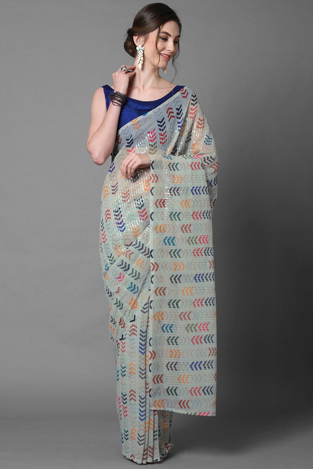 Buy Radha Sea Green Abstract Print and Sequins Georgette One Minute Saree Online - One Minute Saree