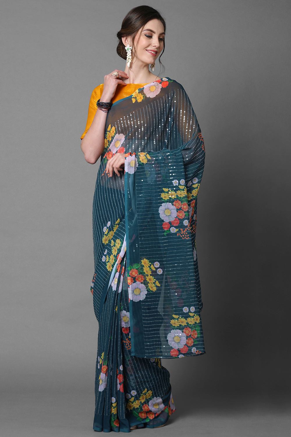 Buy Tara Teal Blue Floral Print and Sequins Georgette One Minute Saree Online - One Minute Saree