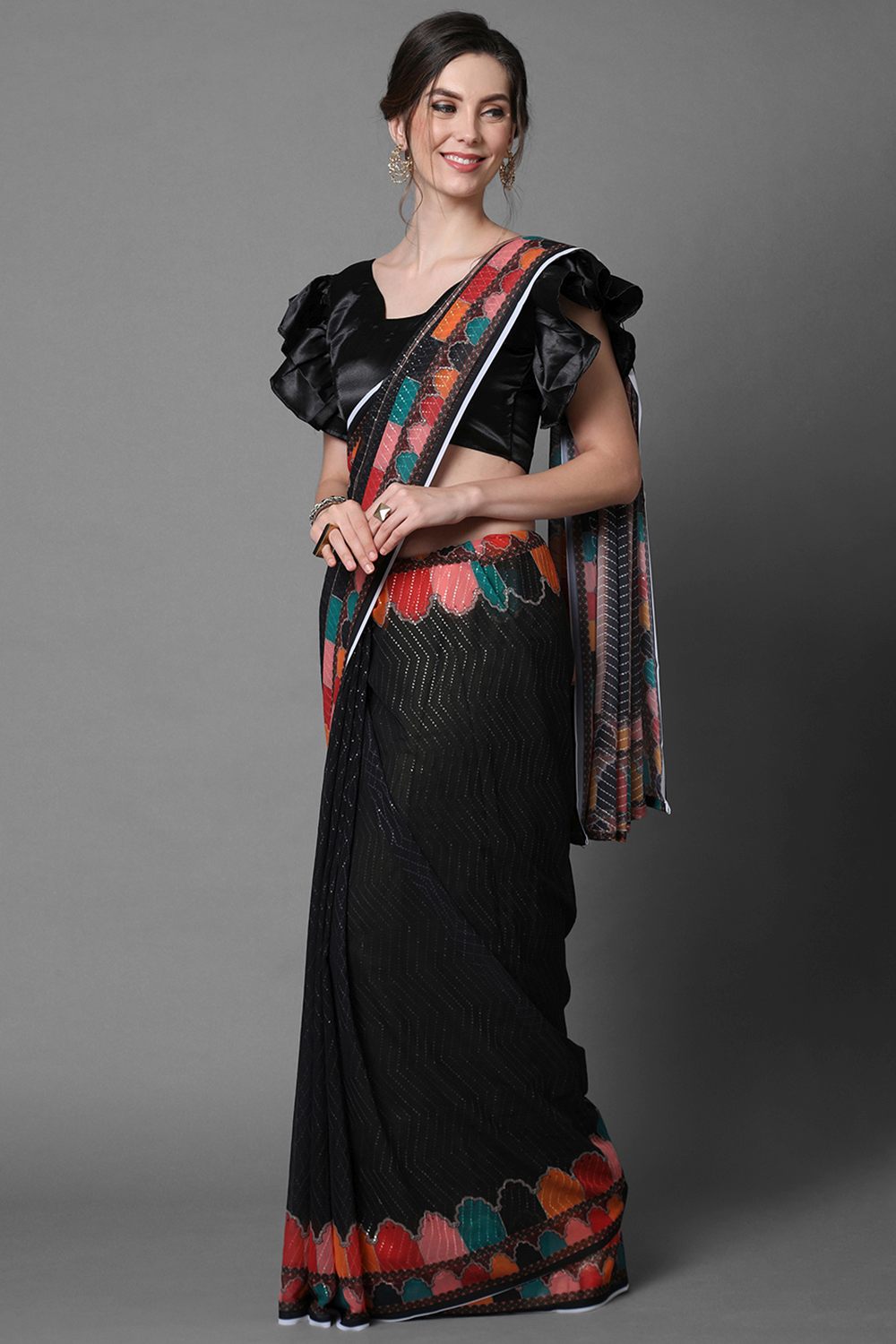 Buy Lucy Black Floral Print and Sequins Georgette One Minute Saree Online - One Minute Saree