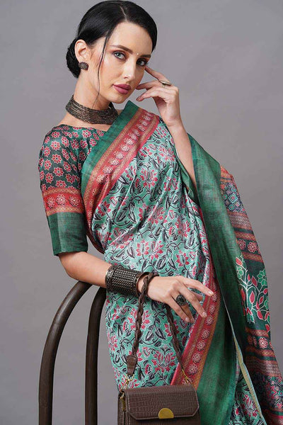 Buy Marcha Green Linen Blend Bagru One Minute Saree Online - Side