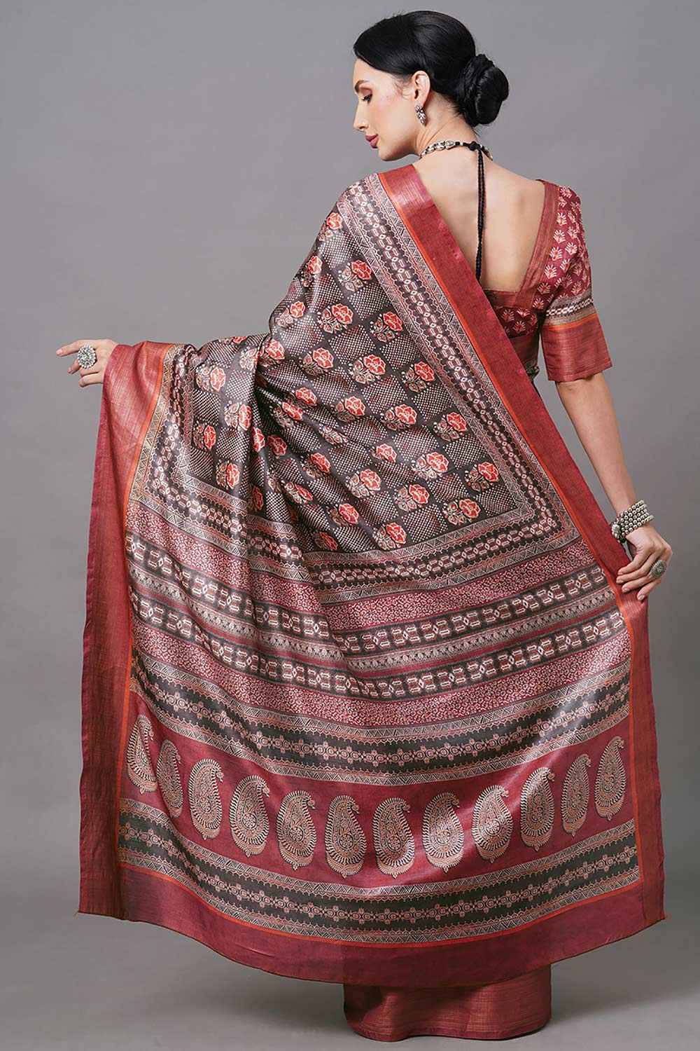 Shop Multi-Color Linen Blend Bagru Digital Print One Minute Saree at best offer at our  Store - One Minute Saree