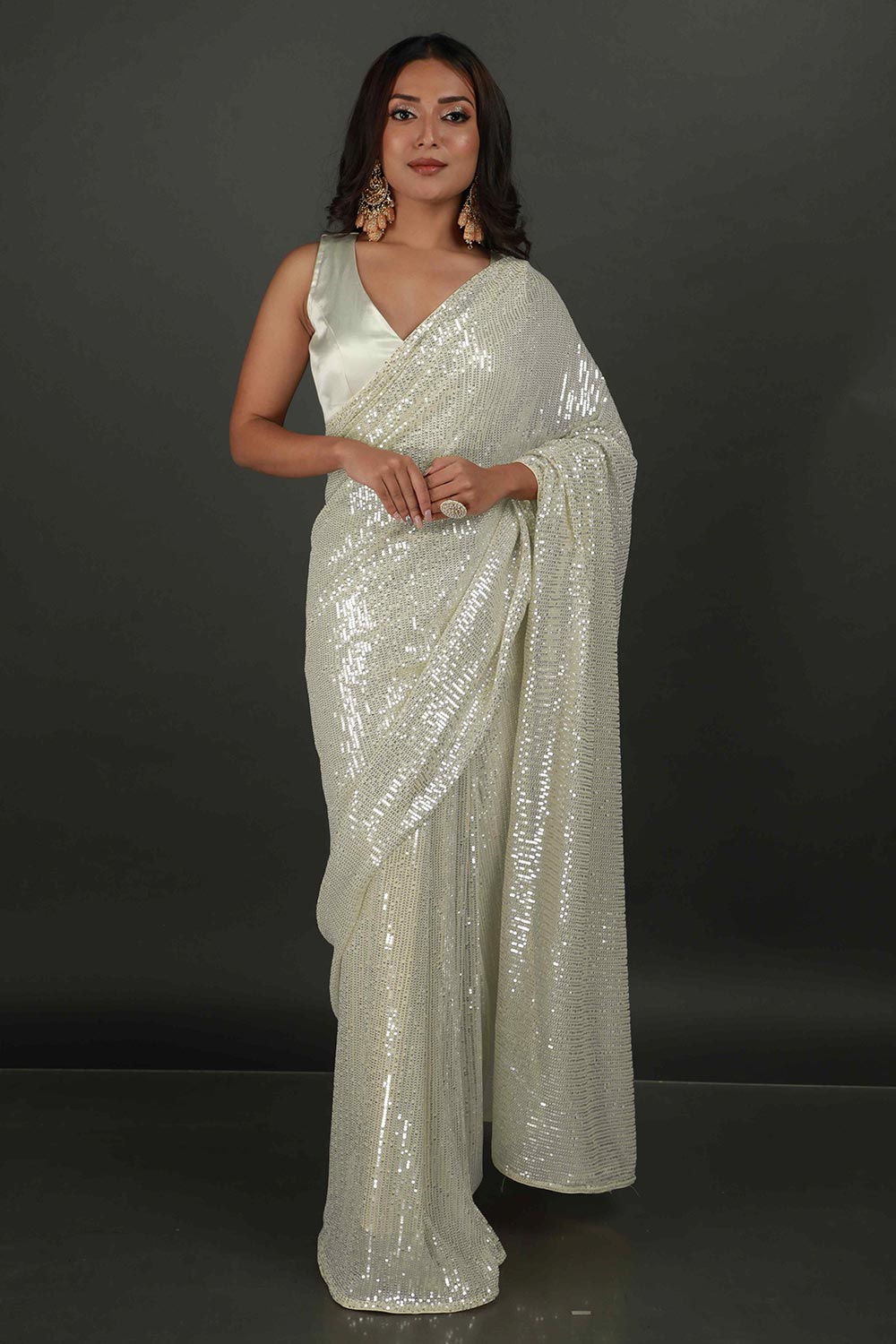 Buy Bella Cream Net Sequins One Minute Saree Online - One Minute Saree
