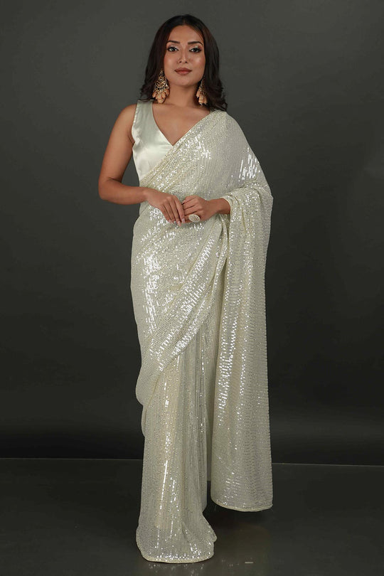 Buy Bella Cream Net Sequins One Minute Saree Online - One Minute Saree