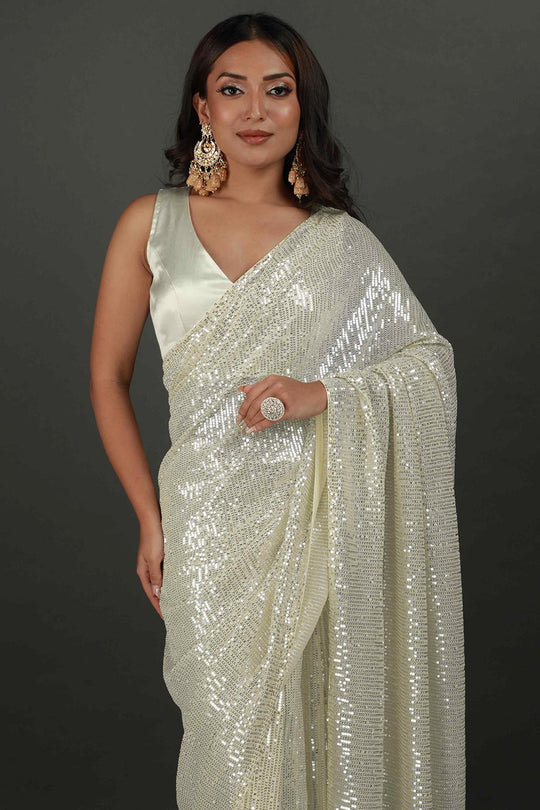 Buy Bella Cream Net Sequins One Minute Saree Online