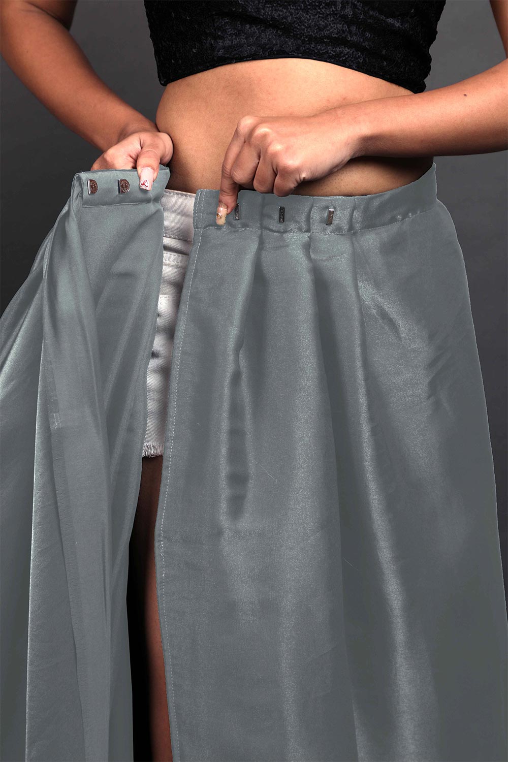 Buy Lola Light Grey Organza Ruffle One Minute Saree Online