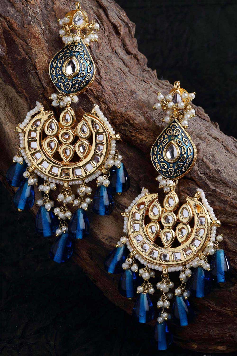 Shop Senaya Blue & White Gold-Plated Kundan and Pearl Chandelier Earrings at best offer at our  Store - One Minute Saree