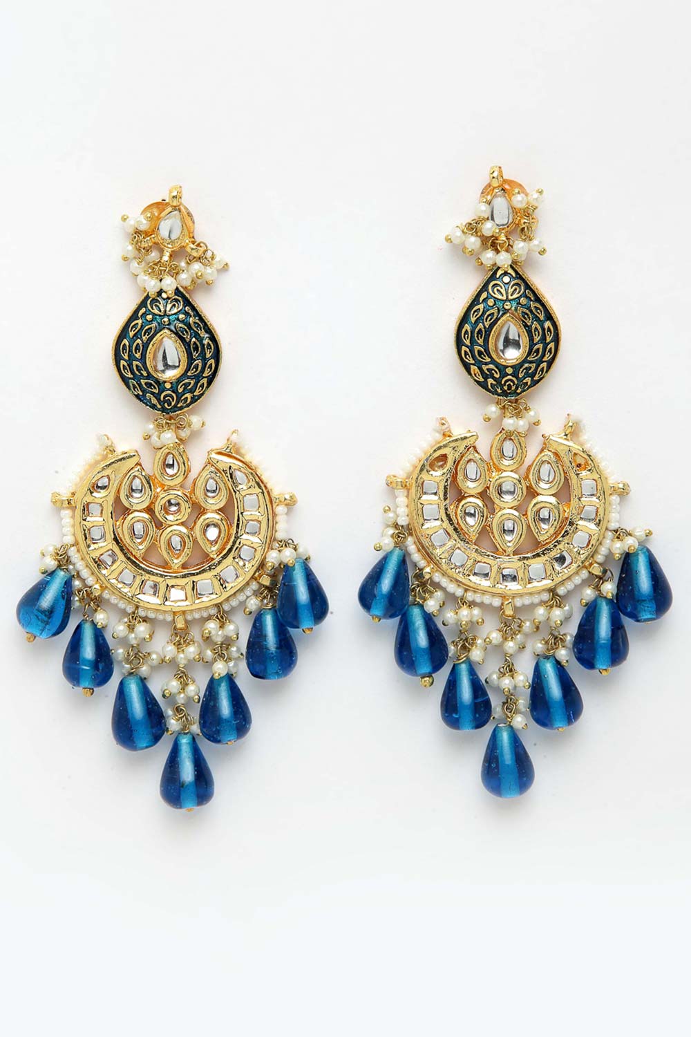 Buy Senaya Blue & White Gold-Plated Kundan and Pearl Chandelier Earrings Online