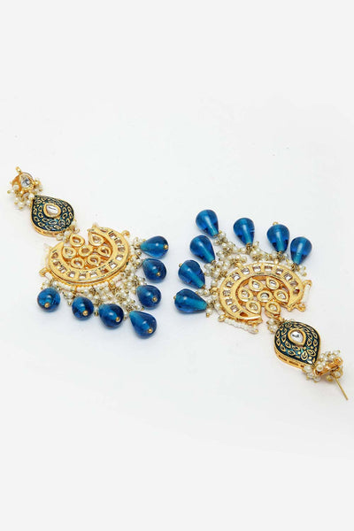 Buy Senaya Blue & White Gold-Plated Kundan and Pearl Chandelier Earrings Online - Back