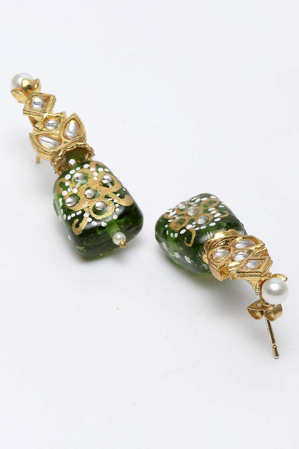 Buy Elea Green & White Gold-Plated Kundan with Pearls Earrings Online - Back