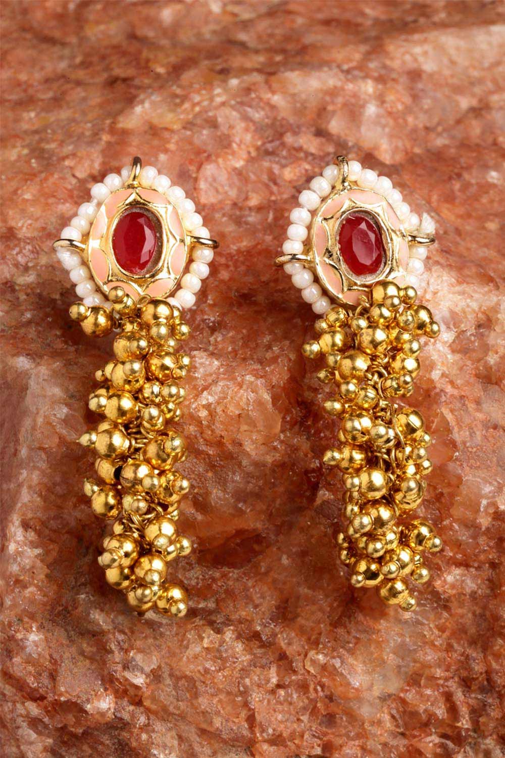 Shop Zahra Pink & White Pearls with Ruby Gold-Plated Dangler Earrings at best offer at our  Store - One Minute Saree