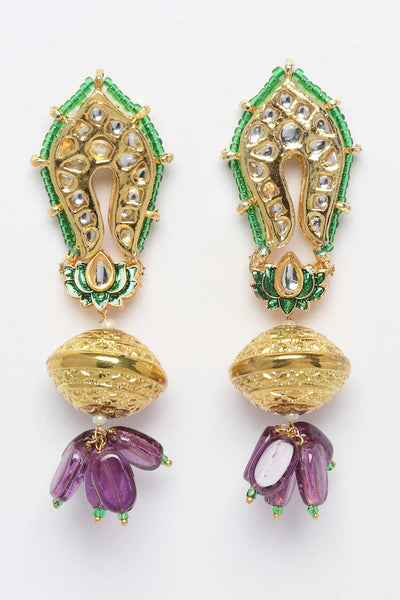 Shop Rukia Purple & Green Gold-Plated Kundan with Pearls Chandbali Earrings at best offer at our  Store - One Minute Saree